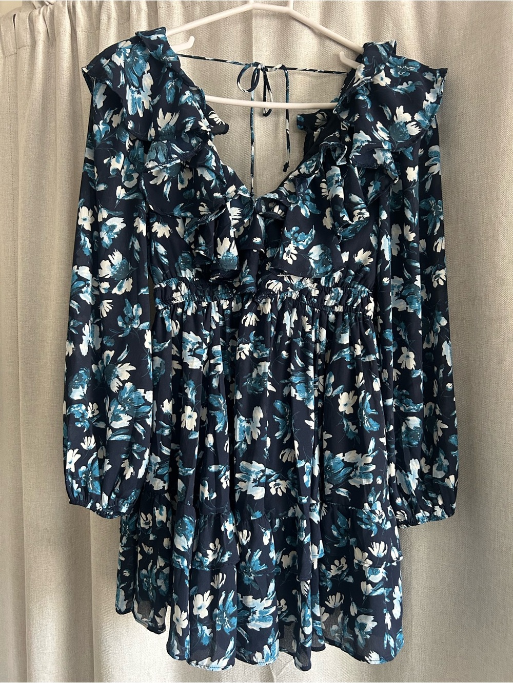 Abercrombie & Fitch Navy Floral Ruffle Long-Sleeve Mini Dress